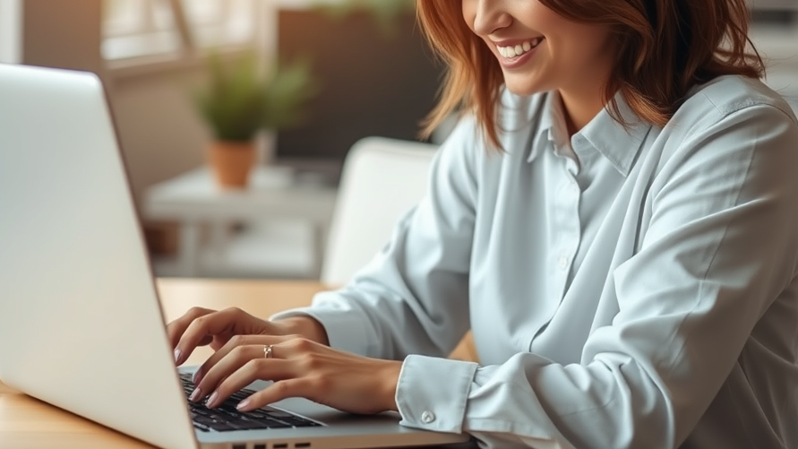 A business traveler smiling and typing on a laptop at a desk, with a plant and computer in the background. 