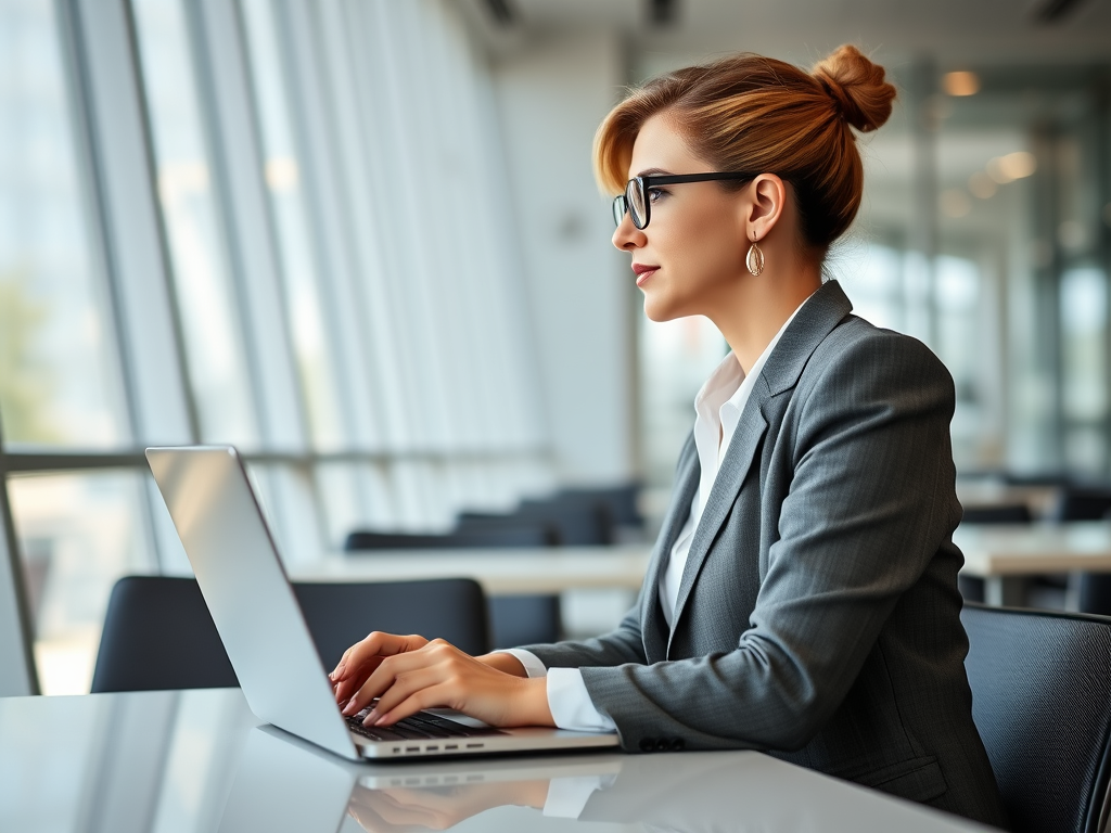 A business traveler smiling and typing on a laptop at a desk, with a plant and computer in the background. 